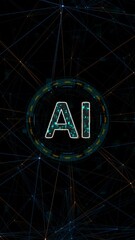 Wall Mural - motion graphic of blue digital ai logo with circle futuristic hud elements and orange line connectio