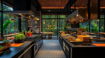 Wall Mural - Modern Restaurant Kitchen with Black Interior and Jungle View