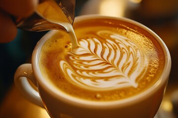 Wall Mural - Close-up of a barista creating latte art in a coffee cup, warm and inviting, skillful and artistic