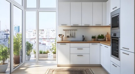 Modern kitchen interior with white cabinets, wood countertop, and glass door overlooking the city