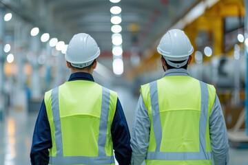 Back view of two industrial workers wearing bright yellow safety vests and hard hats walking through a modern factory with bright lights.