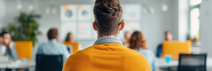 Wall Mural - Back view of a man wearing a yellow sweater sitting in a modern office environment with coworkers working on computers in the background.