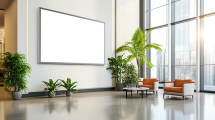 Poster - Modern Lobby Interior with Large Blank Wall and City View