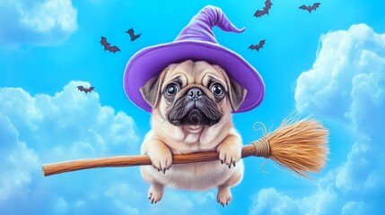 A cute pug in a purple witch hat flying on a broomstick.