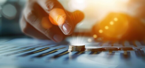 Poster - A close-up of a hand stacking coins, symbolizing investment and financial growth on a digital chart background.