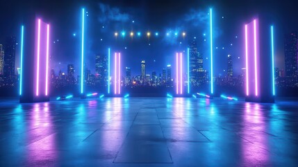 Vibrant stage background with neon lights and urban skyline. Perfect for events, shows, and performances.