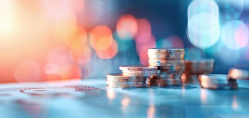 Fototapete - Close-up of stacked coins on a table with colorful bokeh background, symbolizing finance, investment, and wealth.