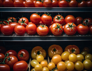 Supermarket filled with red tomatoes. Tomatoes are arranged in cluster. Light catches surface of tomatoes, highlighting vibrant color and glistening texture. They were recently harvested. AI generated