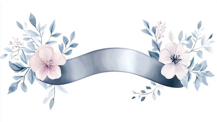 A silver ribbon banner with watercolor floral elements on a white background.