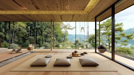 Wall Mural - Modern Japanese Home Interior Design with Panoramic Views of Nature