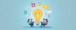 © Art_You - Team brainstorming around a light bulb concept with icons on blue background