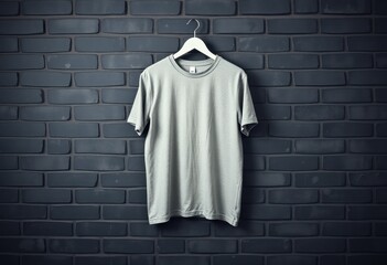 Grey T-shirt Hanging on White Hanger Against Dark Brick Wall