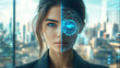 © fadi - Portrait of a woman. Half face in cyberspace. Artificial intelligence concept. cyborg woman or cyborg girl concept with robot inside human