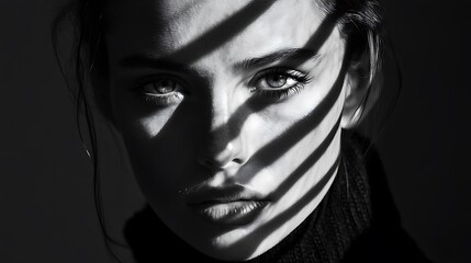 A close-up black and white portrait of a young woman's face with her hair pulled back and a shadowed background.