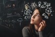 © ItziesDesign - A thoughtful young woman contemplating ideas represented by symbols on a chalkboard, showcasing creativity and inspiration.