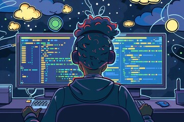 A digital artist coding in a vibrant night setting, surrounded by colorful graphics and cosmic elements.