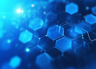 Wall Mural - Abstract blue technological background with hexagons and light effects. Digital illustration of a futuristic design for web, mobile app, or presentation. 