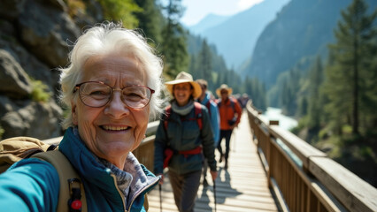 An elder woman, equipped for hiking, smiles warmly while crossing a wooden bridge over a river nestled in the green mountains, capturing a moment of joy and adventure.