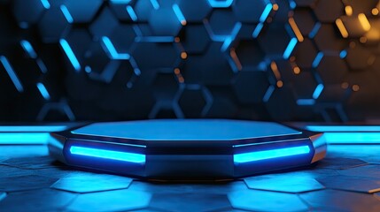 Canvas Print - Blue-lighted hexagon podium for product display, with a sleek 3D design and geometric elements in the background.