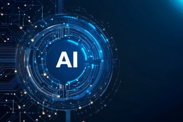 Futuristic AI technology background with neon blue circuits and glowing light effects