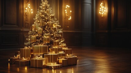 Christmas tree constructed from shiny golden gift boxes, with soft lights and festive decorations, creating an elegant holiday mood.