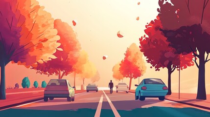 Businessman walking down empty street with cars on each side during fall