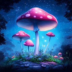 Wall Mural - Enchanting Fantasy Mushrooms Under Night Sky