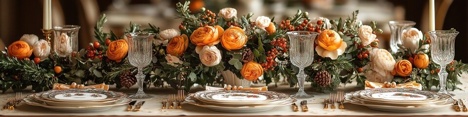 Wall Mural - Elegant Tablescapes: Lavishly decorated holiday tables with fine china, crystal glasses, and beautiful centerpieces 