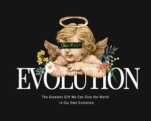 evolution slogan with vintage angel and colorful flowers vector illustration