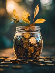 Wall Mural - Glass Jar Filled with Coins and Green Leaves