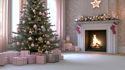 A Christmas tree with pink and green ornaments sits in front of a fireplace