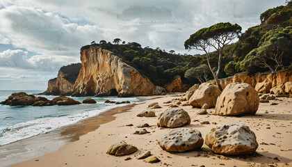 Wall Mural - Plage Roches et Falaises sous un Ciel Nuageux