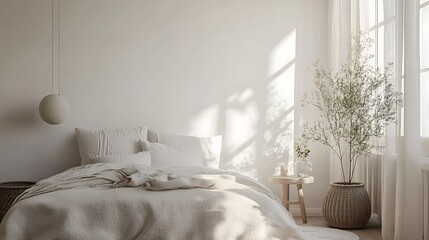 Wall Mural - A bright bedroom with a bed made with white linens, a white pendant lamp and a wicker basket next to it. A small wooden side table with a vase with dry branches and a candle. 