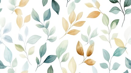 Wall Mural - Minimalist seamless pattern with green, blue, light brown, and gray watercolor leaves, gracefully scattered on a white background