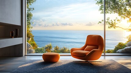 Serene living room scene with an orange pastel armchair, soft carpet, and expansive sea view through a large window, bathed in sunlight.