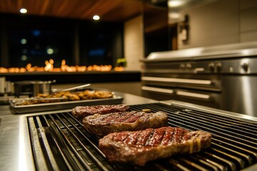 two steaks cooking on a grill in a kitchen