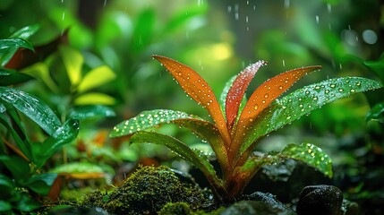 Wet leaves in a forest setting with raindrops glistening