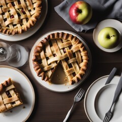 A table set for dessert featuring an apple pie and two whole apples.