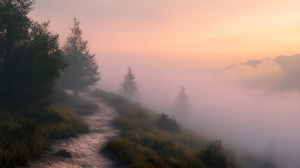 Wall Mural - Serene Mountain Trail at Dusk, mountains, mist, peaceful, nature