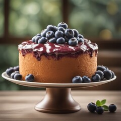 Blueberry-filled cake with purple icing topped with fresh blueberries on a round stand in an outdoor setting.