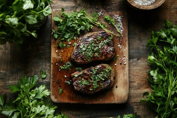 a wooden cutting board topped with meat covered in herbs