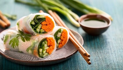 Wall Mural - Vegan spring rolls with carrots, cucumber, green onions and rice noodles, selective focus
