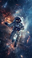 Wall Mural - astronaut in space suit gestures with left hand surrounded by stars, galaxies, and colorful nebulae.