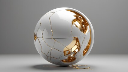 3d rendering, abstract white spherical object with cracks running across its surface. The cracks are filled with a shiny golden material on a neutral gray background for art, design and logos.