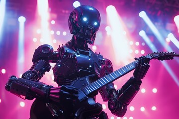 Photo of robot in metal armor playing the guitar on stage, pink and white lights, metal concert, hyper realistic --ar 3:2 --v 6 Job ID: 30ada229-01f1-4eed-97d3-d2882b78ae1f