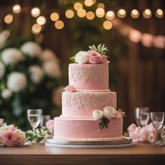 Decorated pink wedding cake on a table surrounded by flowers and wine glasses.