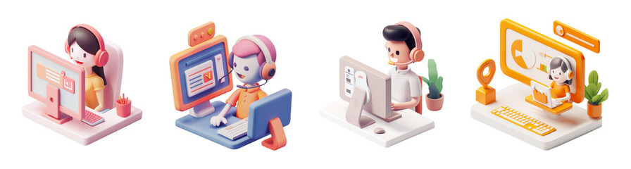 Wall Mural - customer service agents working online support answering questions using headset providing customer 