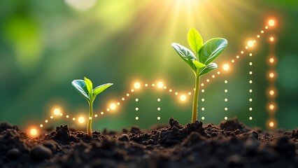 Poster - Young plants growing in soil, accompanied by a rising graph line, symbolizing growth and sustainability. Perfect for themes of nature, agriculture, and development.