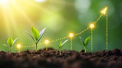 Canvas Print - Young plants growing in soil, accompanied by a rising graph line, symbolizing growth and sustainability. Perfect for themes of nature, agriculture, and development.