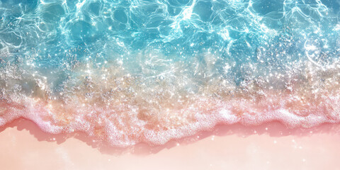 Shining sunny coastline with pink sand and texture of crystal clear sea water, foam and waves. Summer background with copy space